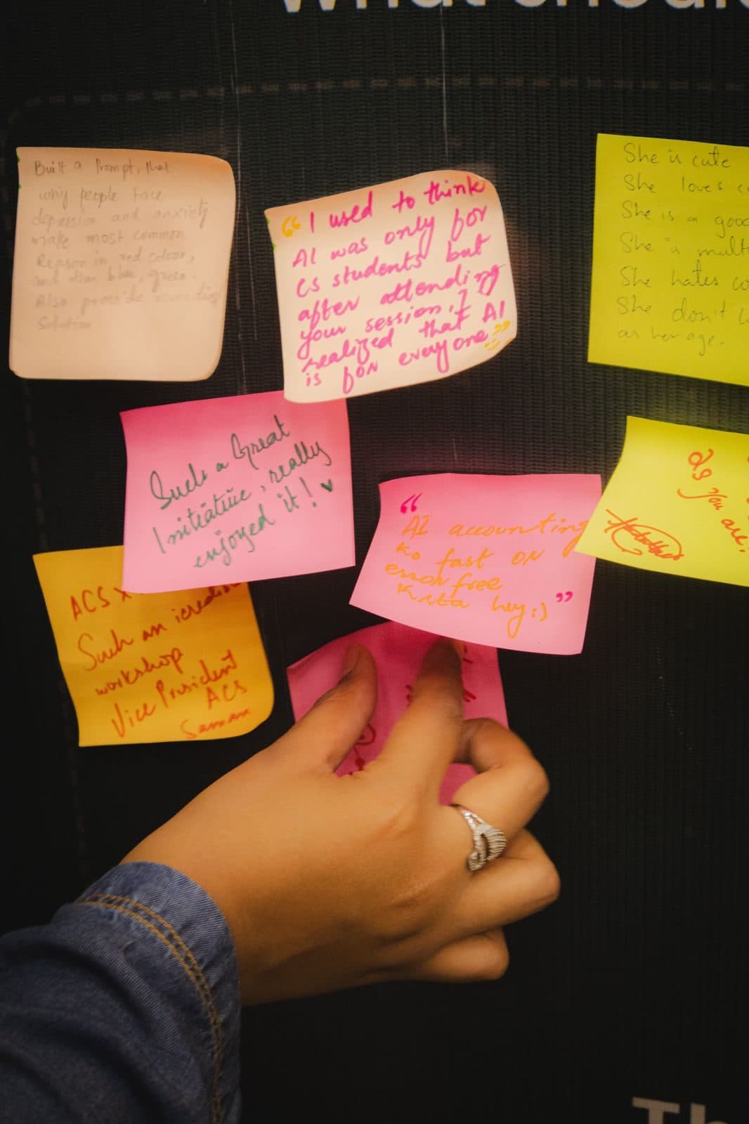 Sticky notes covered in ideas written during a Session 6 exercise